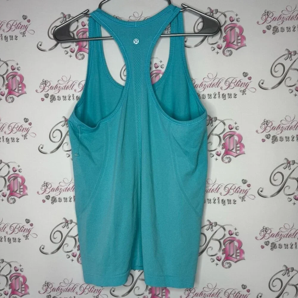 Lululemon shirt stretchy yoga rare racer back logo silver Turquoise Tank Top